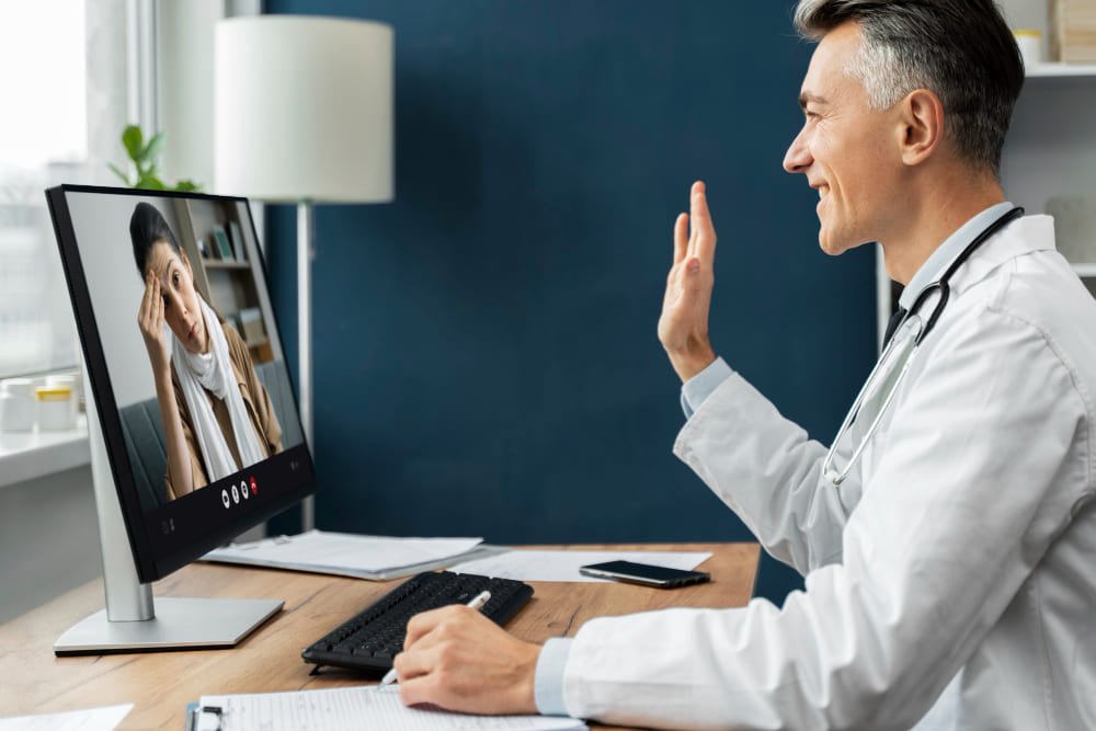 Médico atendiendo una consulta por videollamada